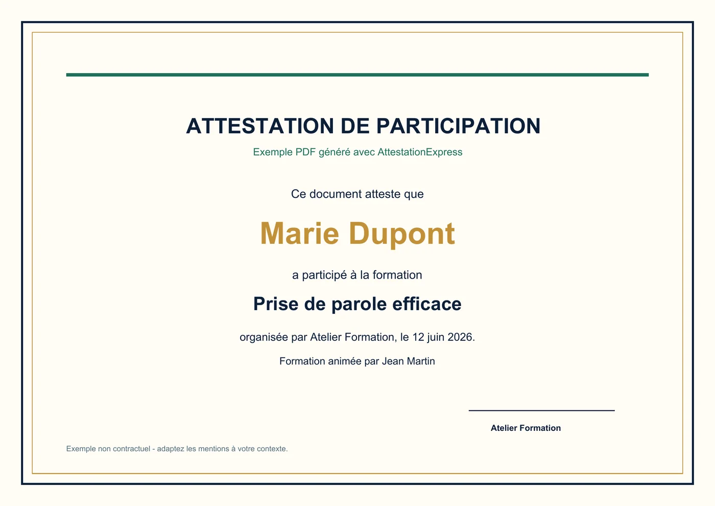Aperçu réel d’une attestation de participation générée par AttestationExpress
